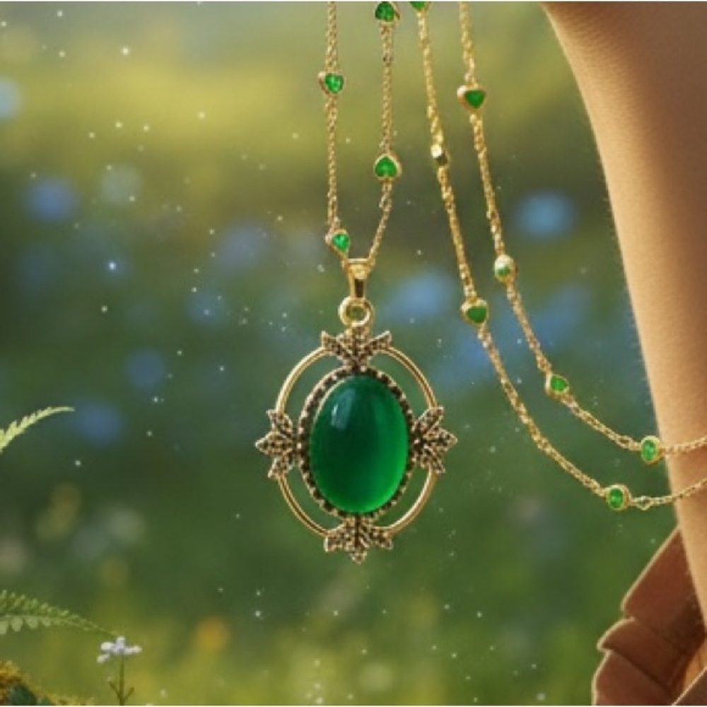 Enchanted Forest Amulet, Antique Gothic Pendant, Emerald Green Vintage Stone